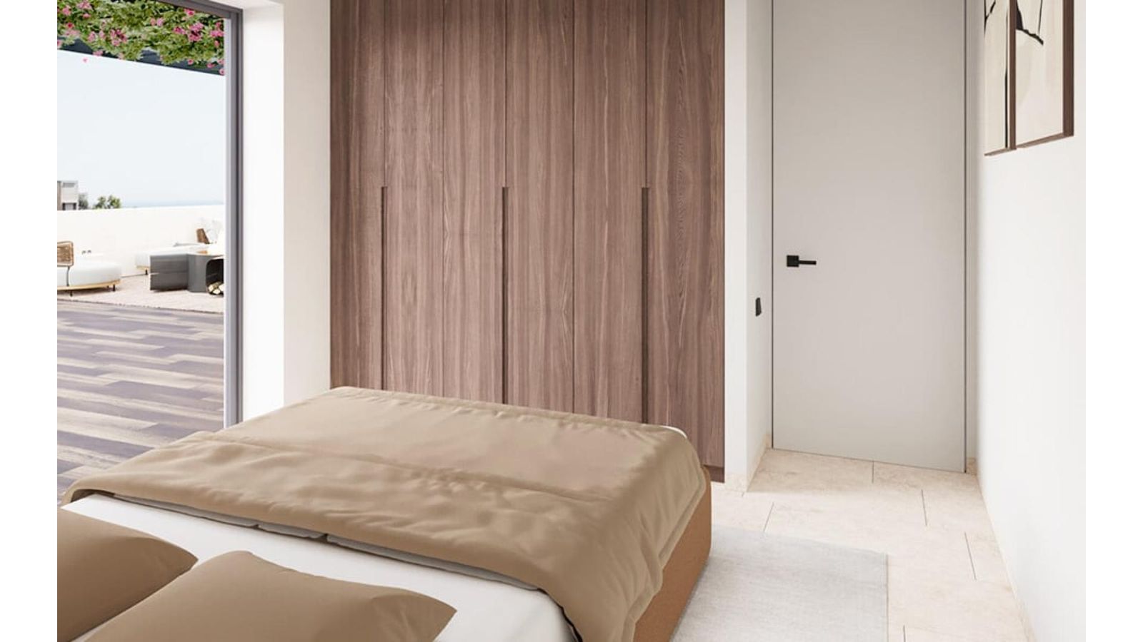 Slaapkamerinterieur met houten kast en buitenzicht in Bougainvillea Estepona.